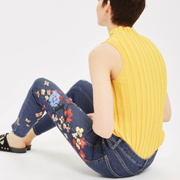 Topshop MOTO Floral Jamie Jeans Size W 25 L 25 Skinny Hand Painted - Picture 2 of 15